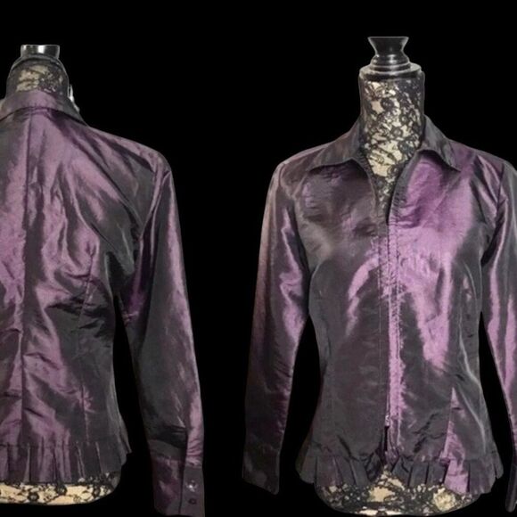 Vintage Top Oscar de la Renta Purple Blouse Frilly Satin Size 8 - Picture 1 of 9